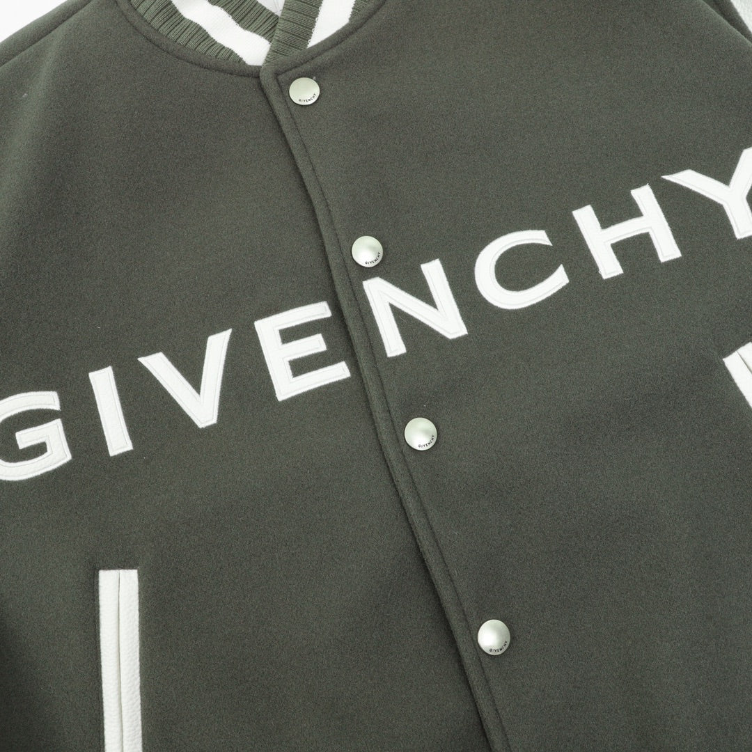 Dark green jacket front with white Givenchy lettering and snap buttons