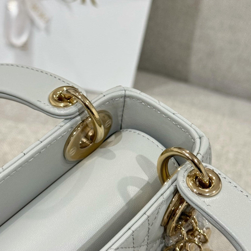 Dior bag close-up: white handle loops with gold hardware rings