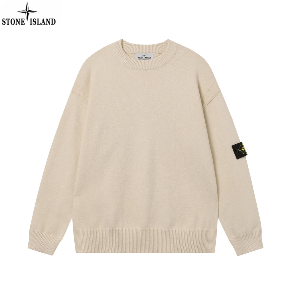 Light beige crewneck knit sweater with ribbed cuffs and hem, Stone Island sleeve badge