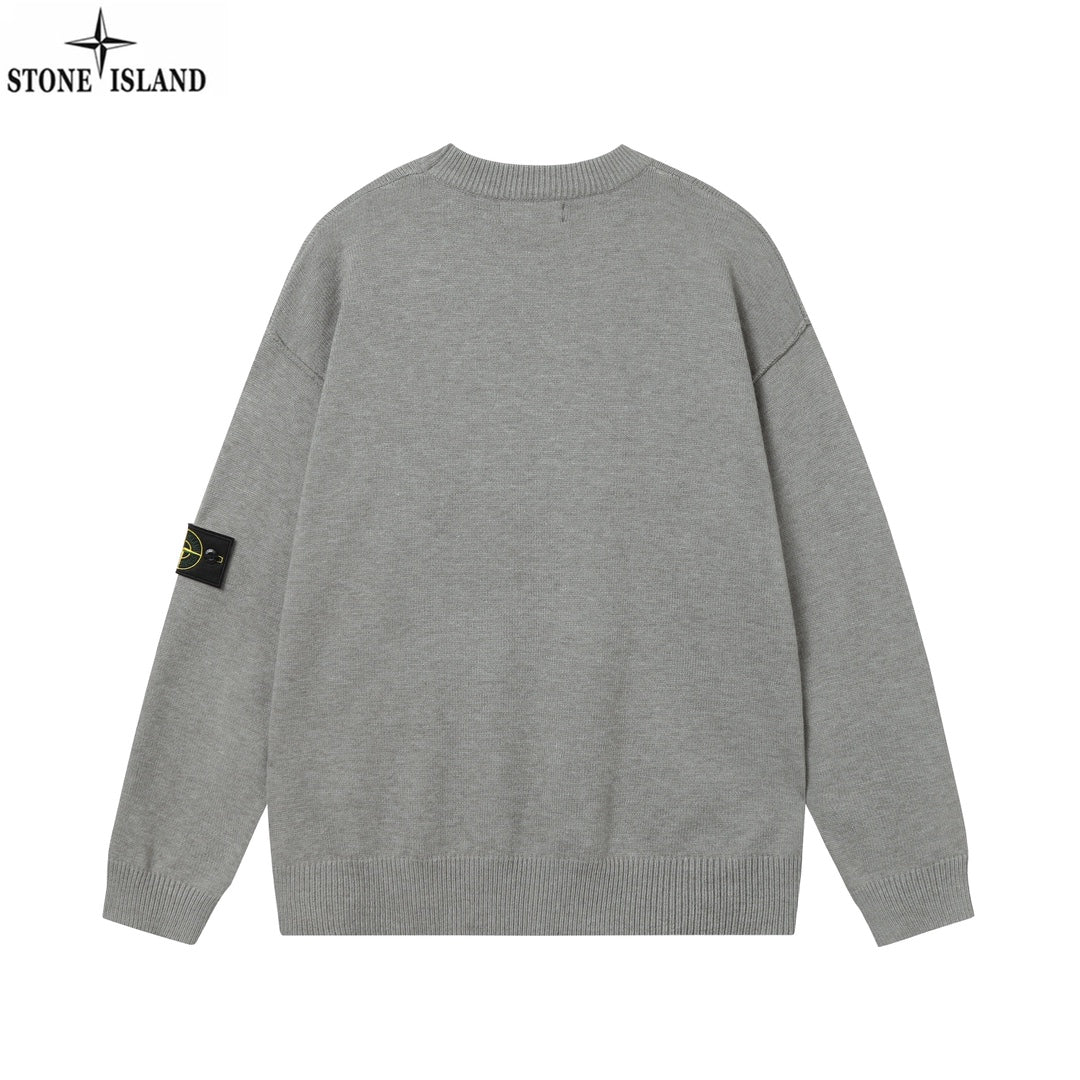 Stone Island knit crewneck sweater in gray from the back, with logo patch on sleeve