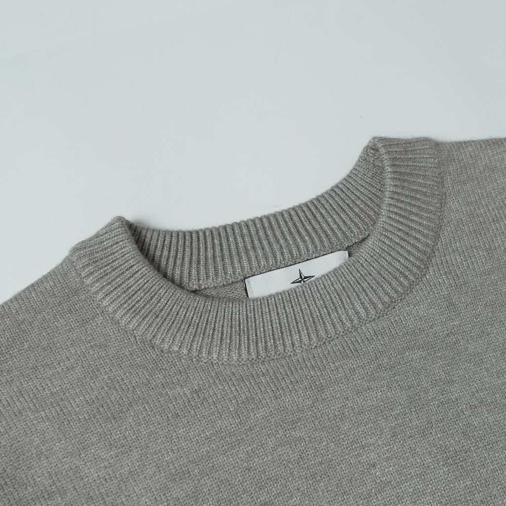 Stone Island gray knit crewneck sweater neckline with small brand tab detail