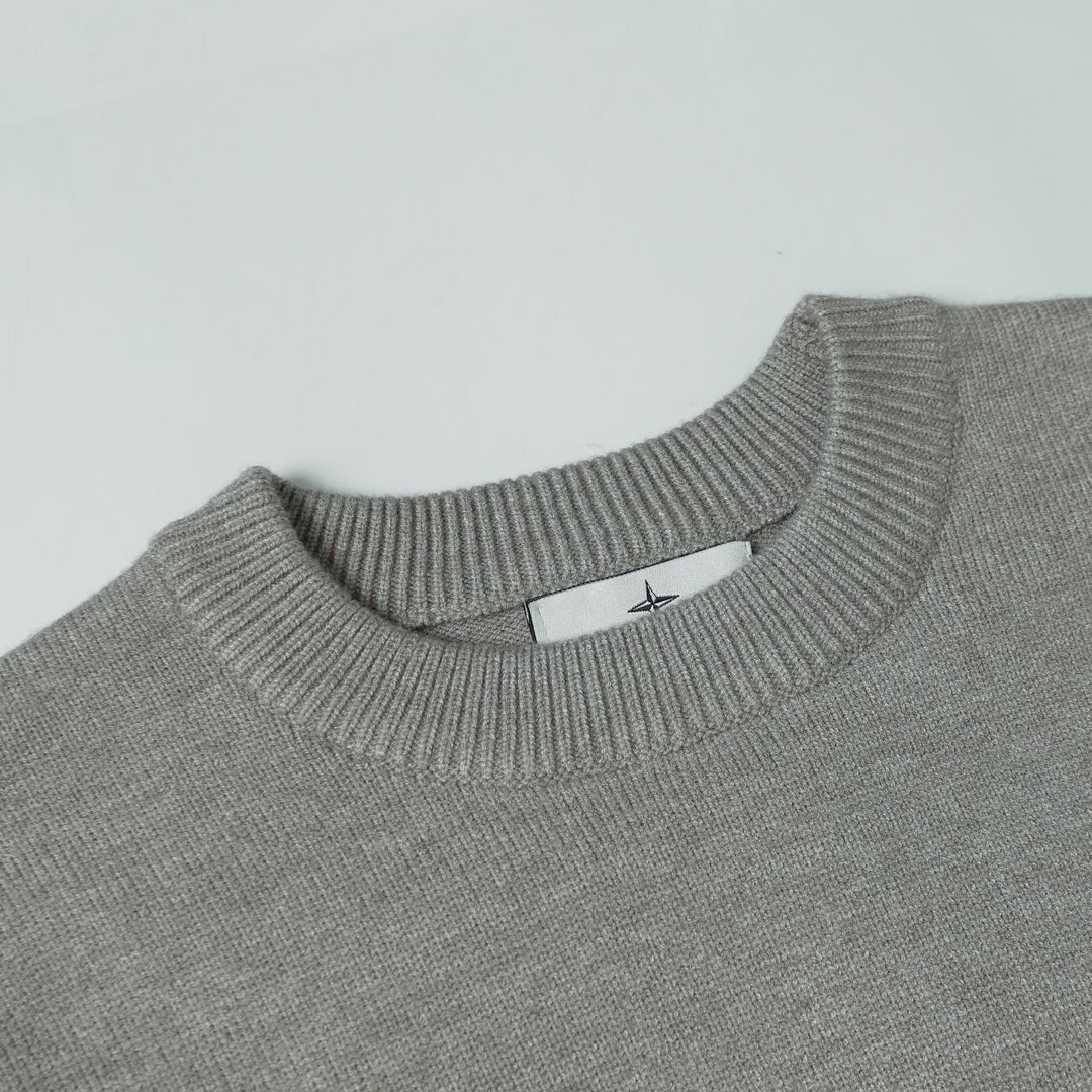 Stone Island gray knit crewneck sweater neckline with small brand tab detail