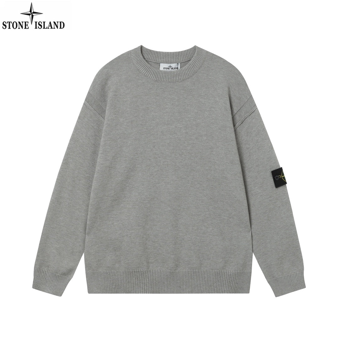 Stone Island knit crewneck sweater in gray with small logo patch on the sleeve