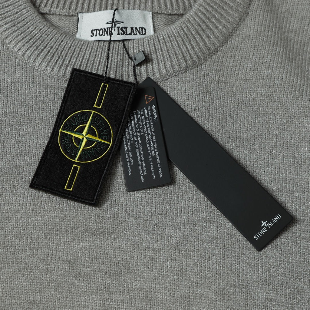 Stone Island gray crewneck sweater neckline with woven label and hanging tags