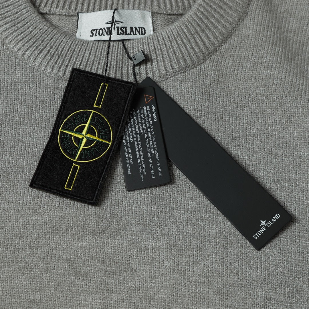 Stone Island gray crewneck sweater neckline with woven label and hanging tags