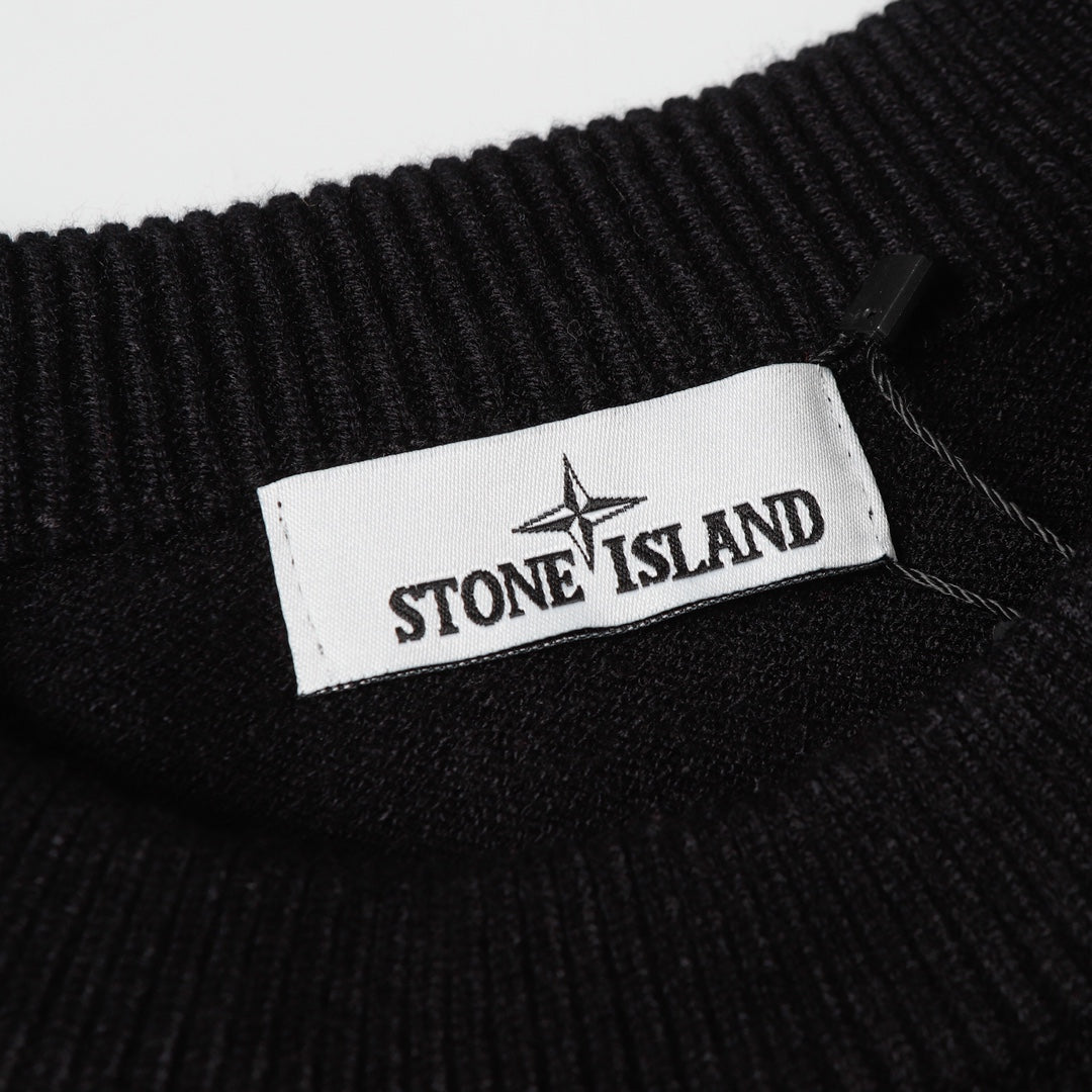 Black knit sweater collar with Stone Island logo label
