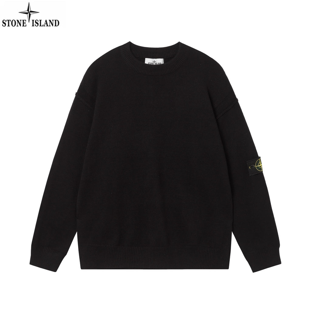 Black crewneck knit sweater with ribbed hem and cuffs