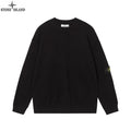 Black crewneck knit sweater with ribbed hem and cuffs