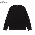 Black crewneck knit sweater with ribbed hem and cuffs