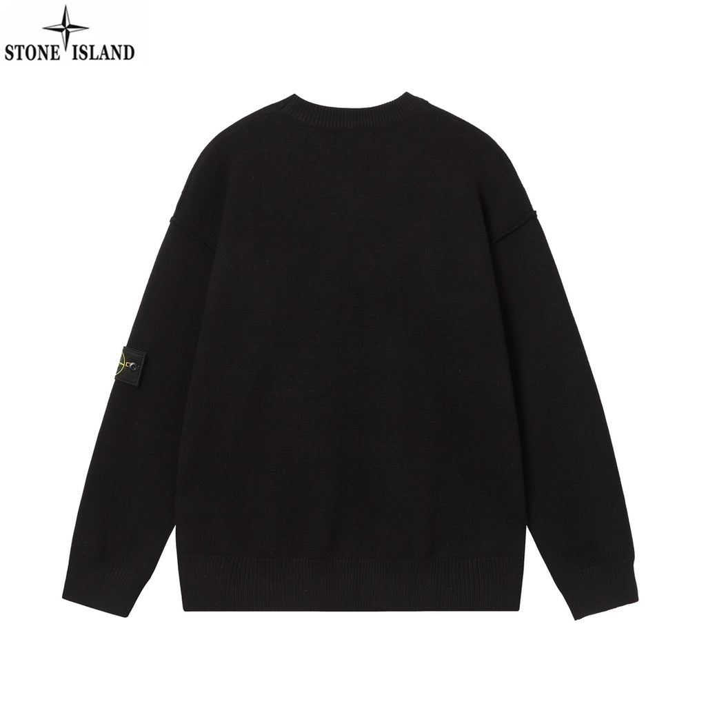 Black crewneck knit sweater with small sleeve patch