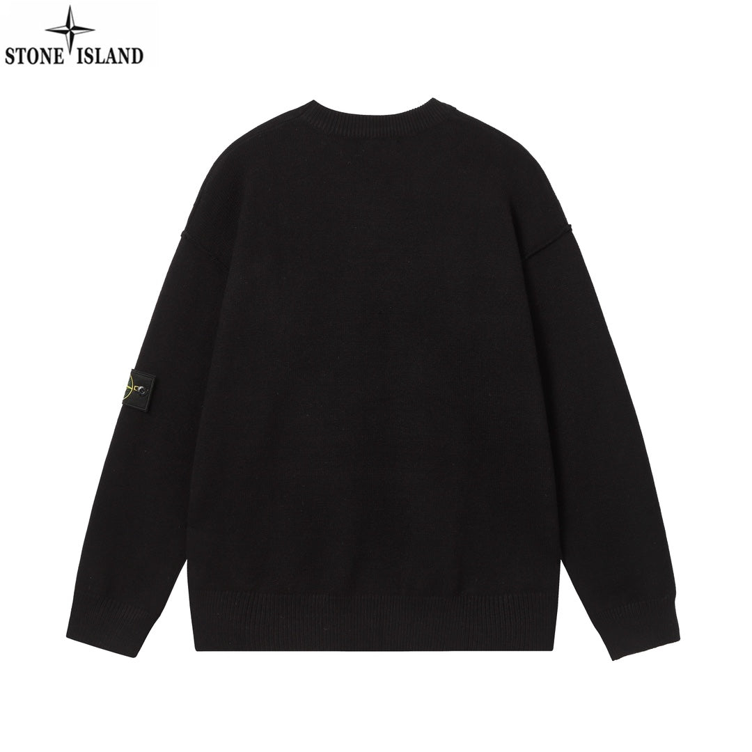 Black crewneck knit sweater with small sleeve patch