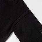 Black knit sweater sleeve seam with ribbed cuff and stitched panel