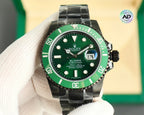 Rolex watch with green dial, black bezel markers, black link bracelet