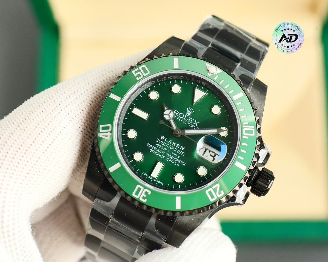 Rolex watch with green dial and black bezel, black link bracelet on hand
