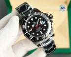 Rolex watch front view with black dial, red second hand, black link bracelet