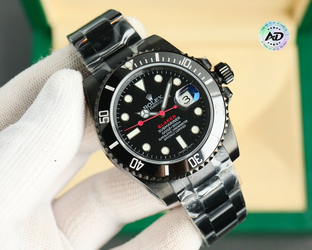 Rolex watch front view with black dial, red second hand, black link bracelet