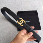 Chanel belt with dark gray strap and gold rhinestone CC buckle