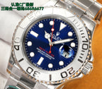Rolex stainless steel wristwatch blue dial close-up with red second hand
