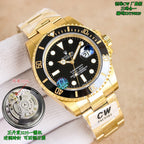 Gold Rolex wristwatch with black dial and black bezel, bracelet and crown visible