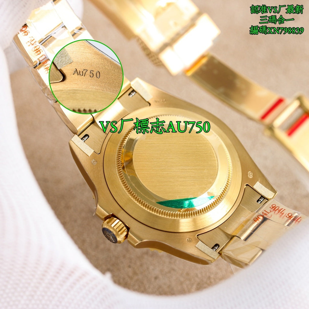 Gold watch caseback with AU750 engraving, crown and bracelet edge visible