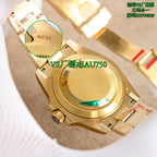 Gold watch caseback with AU750 engraving, crown and bracelet edge visible