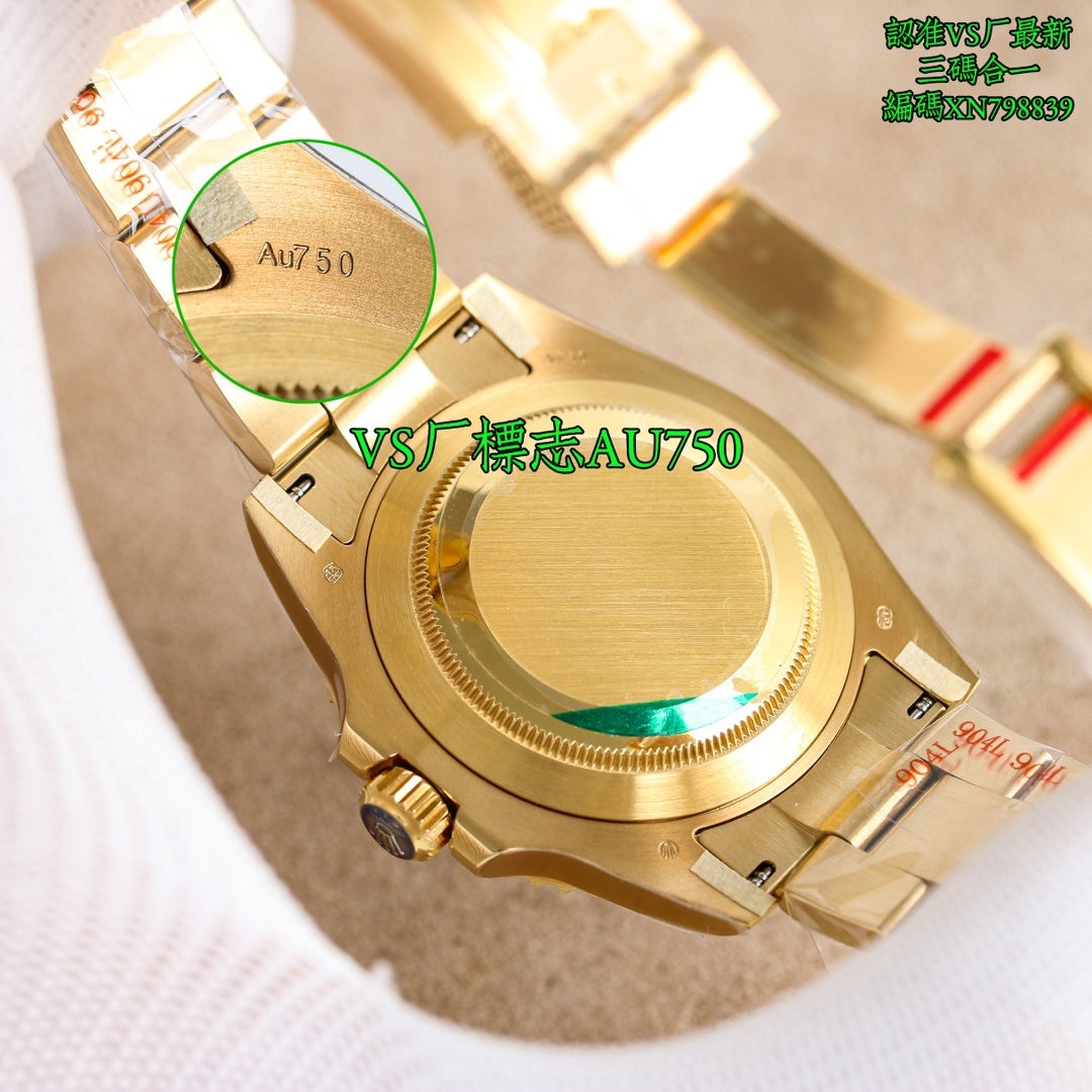 Gold watch caseback with AU750 engraving, crown and bracelet edge visible