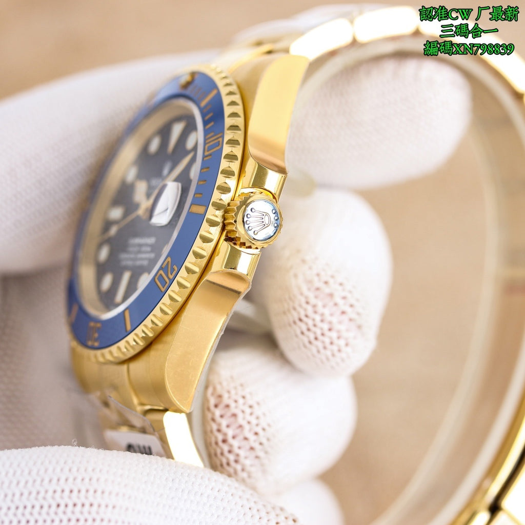 Rolex watch side profile with gold-tone case and crown detail