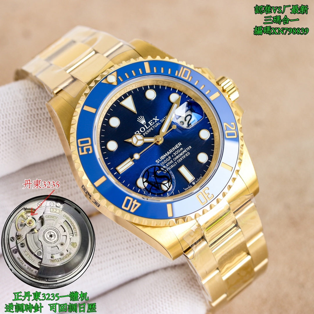 Rolex watch with blue dial, gold-tone bezel and date window