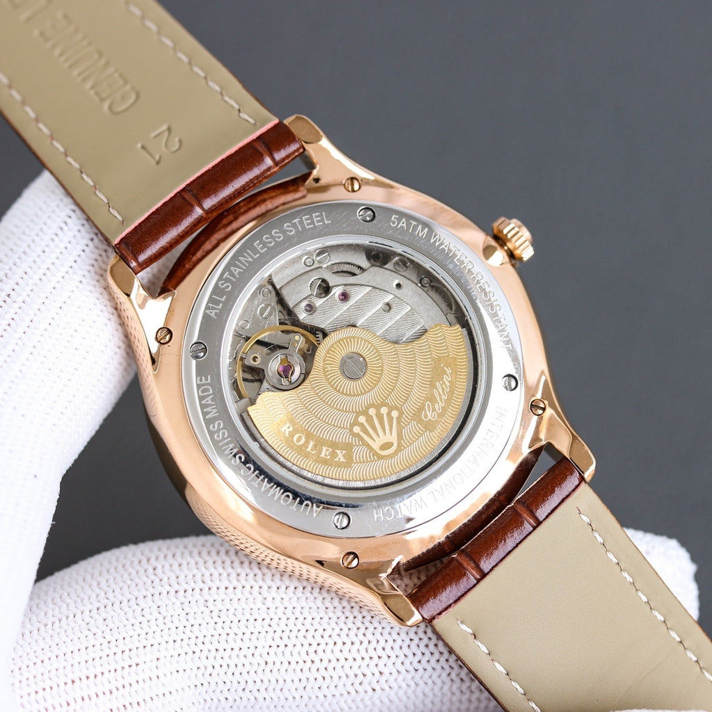 Rolex watch back view with stainless-steel case and brown leather strap