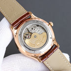 Rolex watch back view with stainless-steel case and brown leather strap