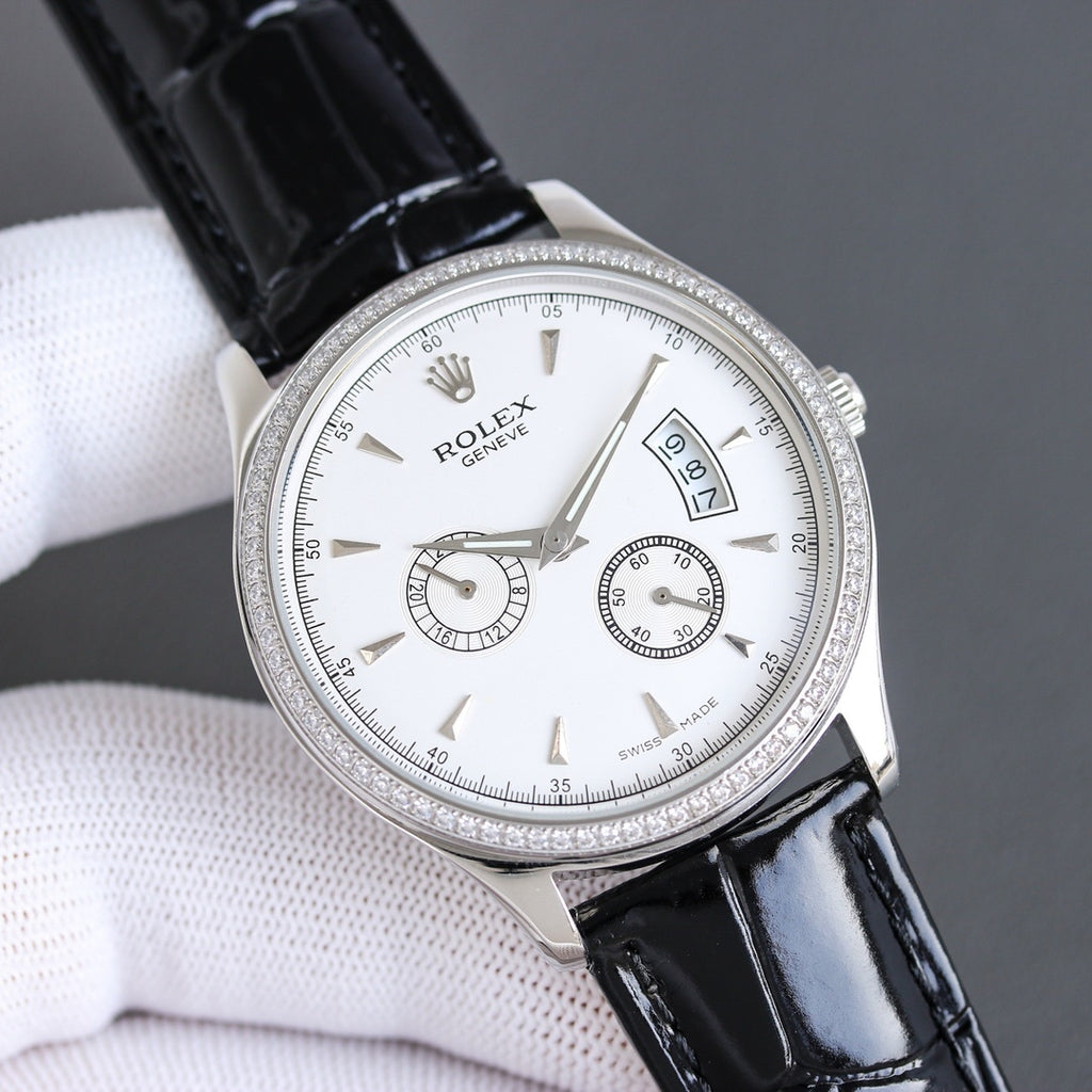 Rolex chronograph watch with white dial, black leather strap, diamond bezel and subdials