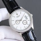 Rolex chronograph watch with white dial, black leather strap, diamond bezel and subdials