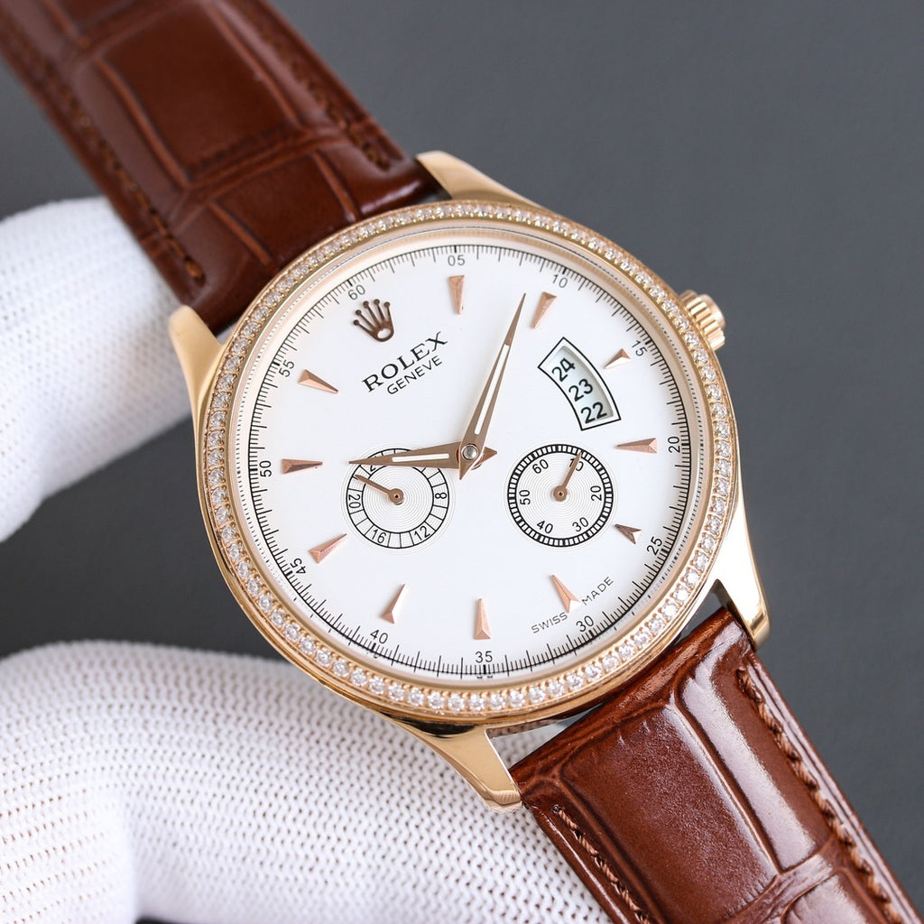 Rolex chronograph watch with white dial, rose-gold case, brown leather strap and date