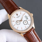 Rolex chronograph watch with white dial, rose-gold case, brown leather strap and date