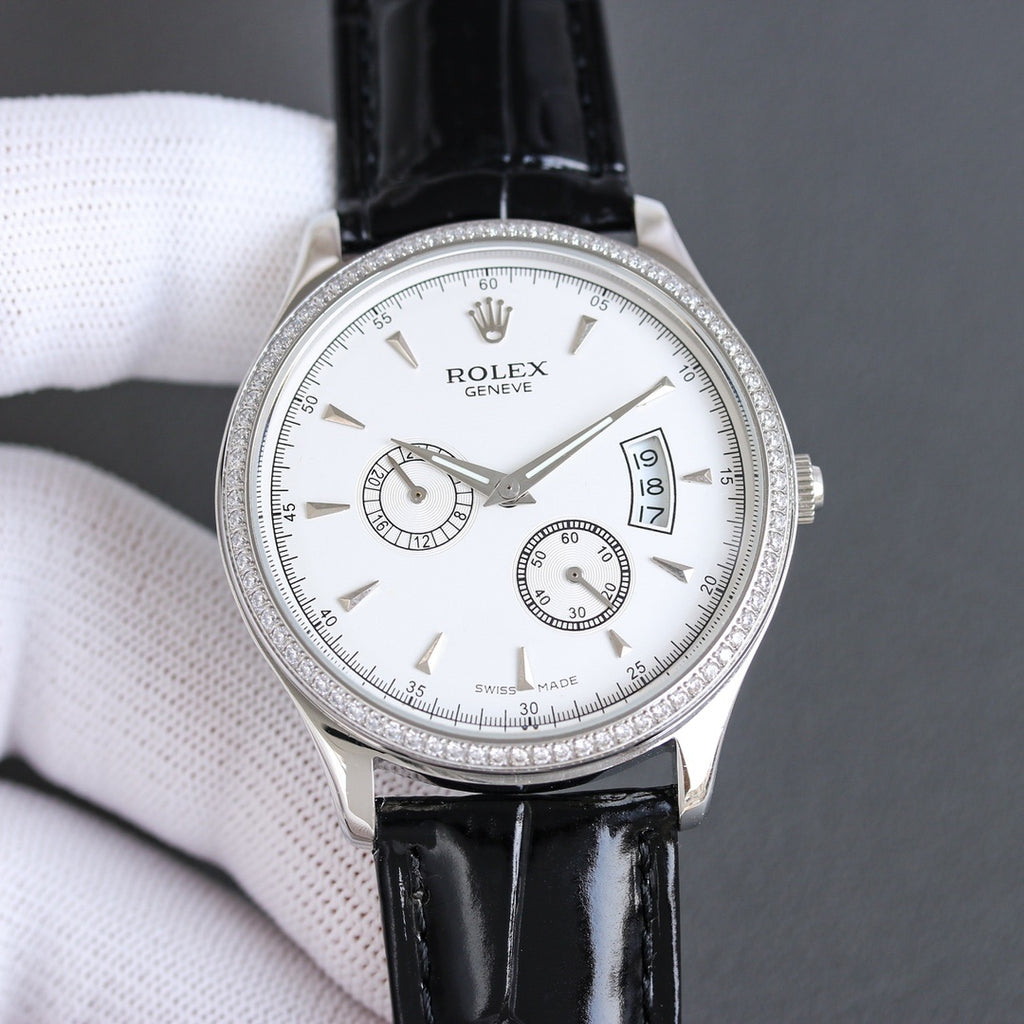 Rolex chronograph watch with white dial, black leather strap, silver case and subdials
