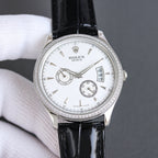 Rolex chronograph watch with white dial, black leather strap, silver case and subdials