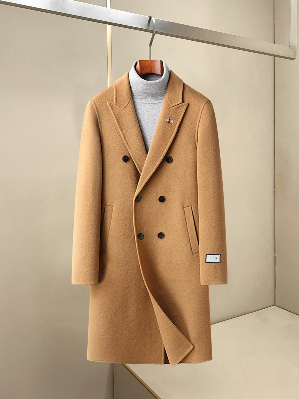 Camel long double-breasted overcoat with notch lapels and front buttons