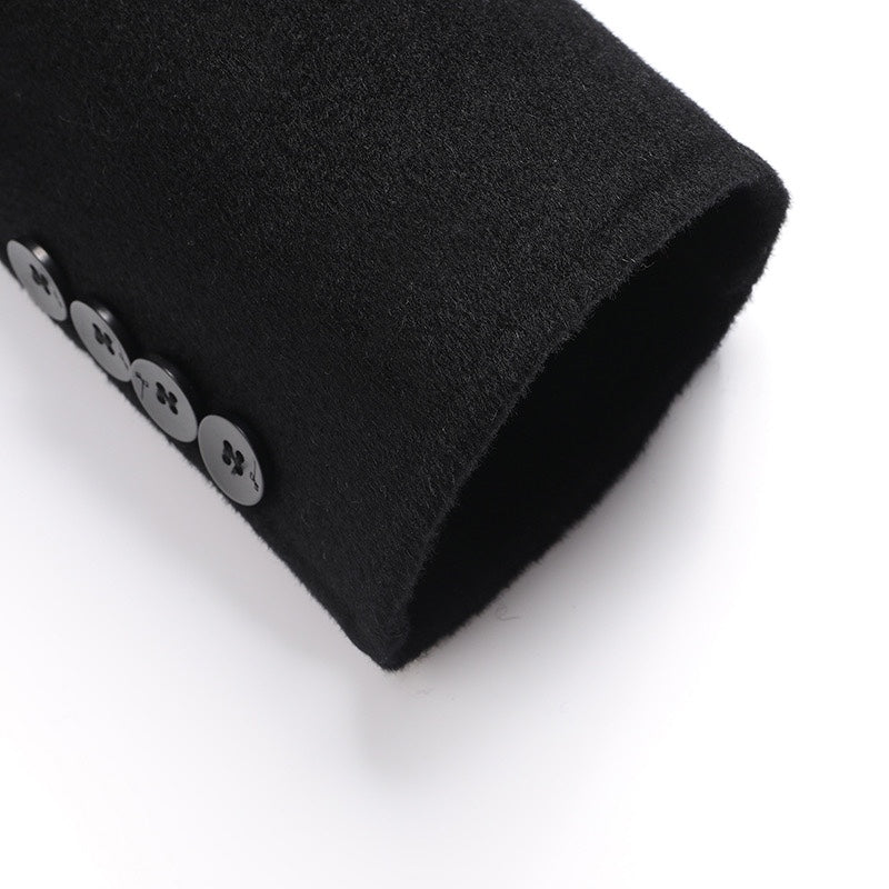 Black overcoat sleeve cuff with logo lettering trim
