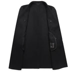 Black long overcoat with double-breasted front and flap pockets