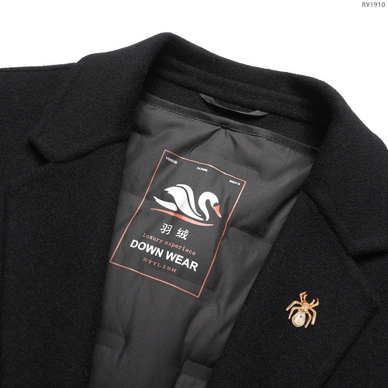 Black coat inner logo patch reading "DOWN WEAR" with decorative emblem