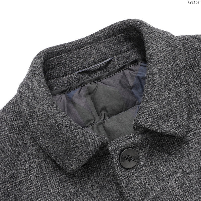 Charcoal coat collar with quilted lining and dark button closure