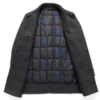 Charcoal long coat interior with quilted lining and buttoned front