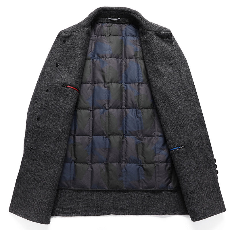 Charcoal long coat interior with quilted lining and buttoned front