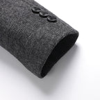 Charcoal long coat cuff with two black buttons and textured weave