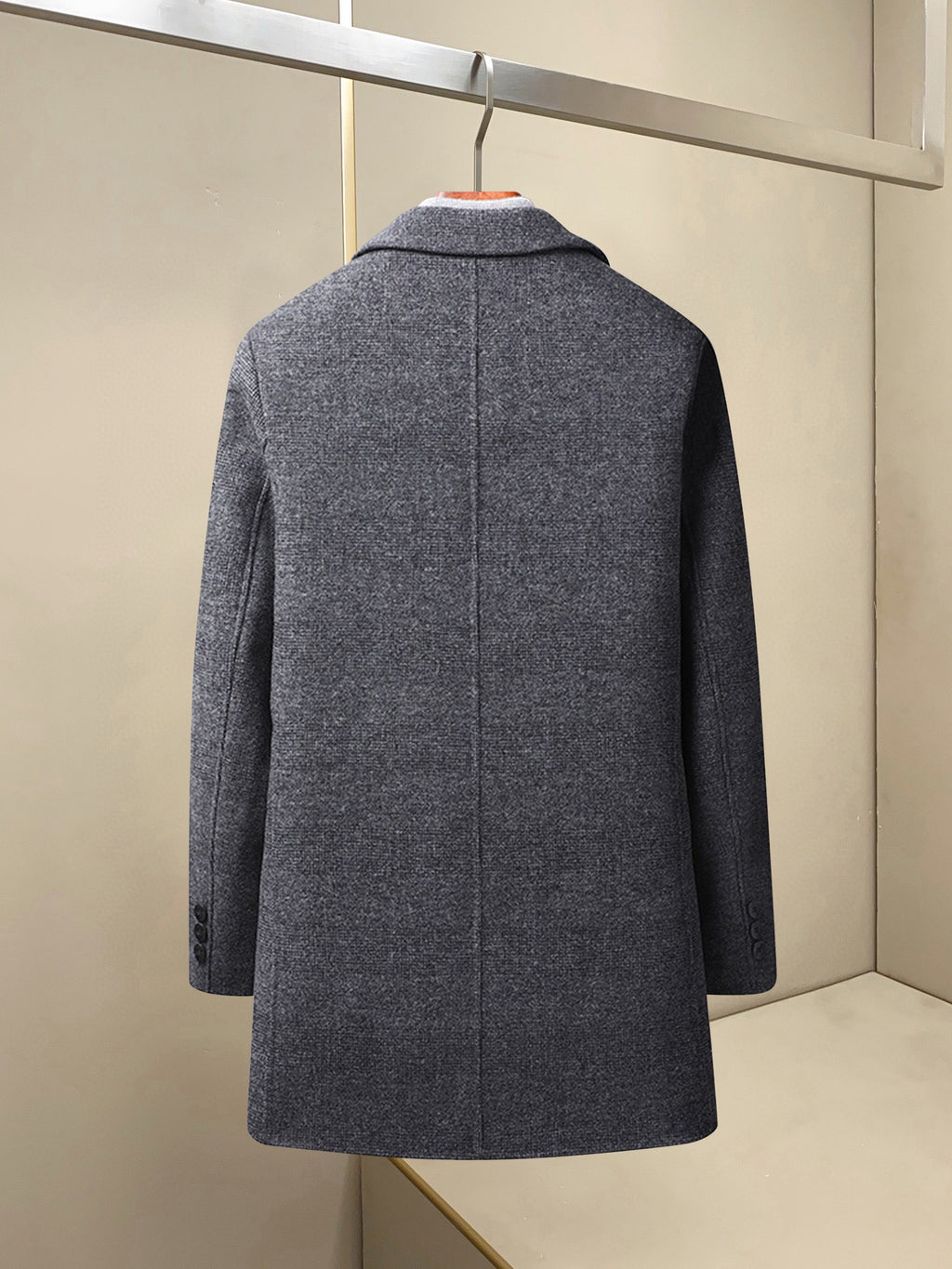 Charcoal long coat with stand collar and buttoned back