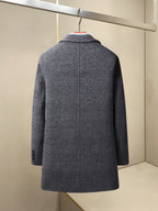 Charcoal long coat with stand collar and buttoned back
