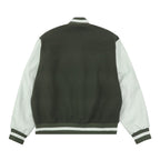 Dark green varsity jacket back view with white-striped rib hem