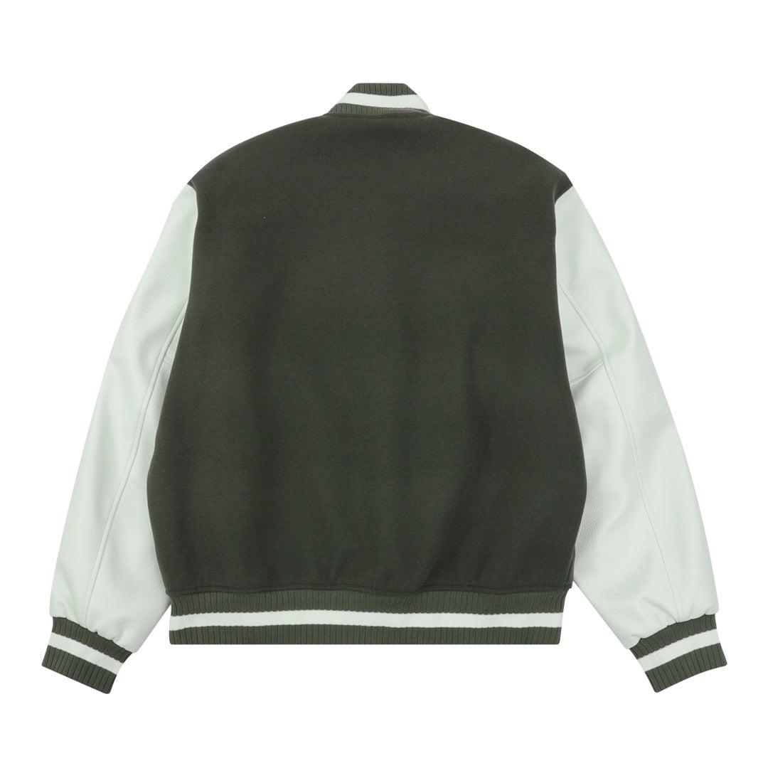 Dark green varsity jacket back view with white-striped rib hem