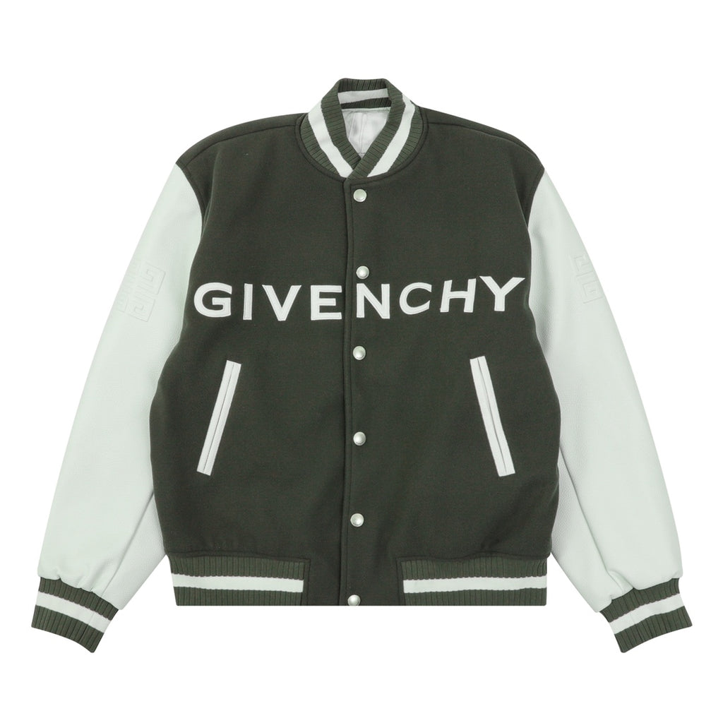 Dark green varsity jacket with white striped collar and button front