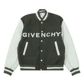Dark green varsity jacket with white striped collar and button front